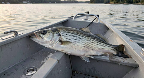 A striped bass held beside the gunwale of a small boat, wet and silver in low morning light, calm bay water behind.