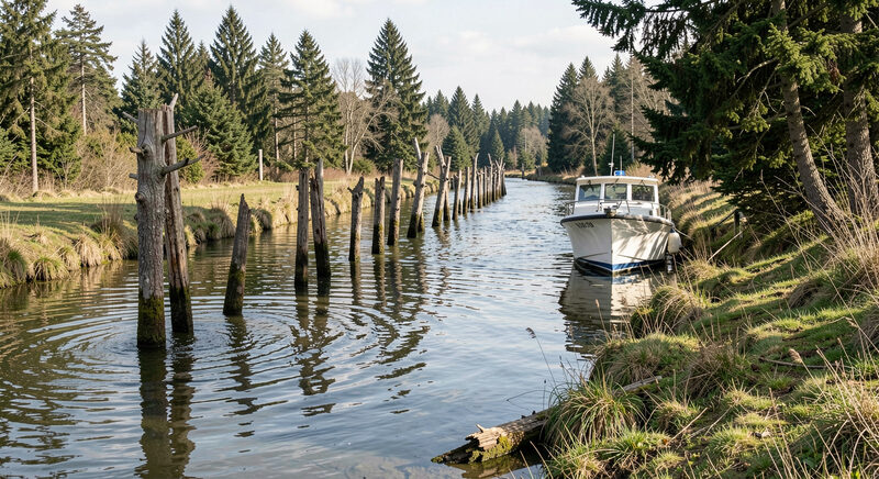A small charter boat moored in a narrow channel at half tide, cut spruce tree markers standing in shallow water along the edge.